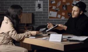 un investigatore parla con una cliente ad una scrivania